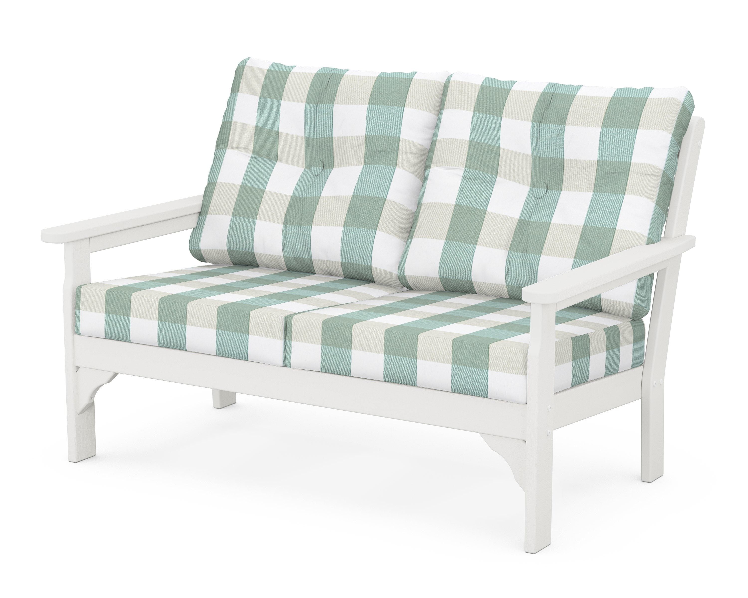 POLYWOOD® Vineyard Deep Seating Loveseat in Vintage White / Buffalo Plaid Glacier Spa