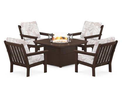 POLYWOOD® Vineyard 5-Piece Conversation Set with Fire Pit Table in Mahogany / Leaf Dune Burlap