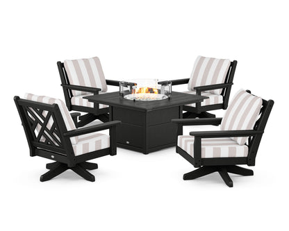 POLYWOOD® Chippendale 5-Piece Deep Seating Swivel Conversation Set with Fire Pit Table in Black / Cabana Stripe Dune Burlap