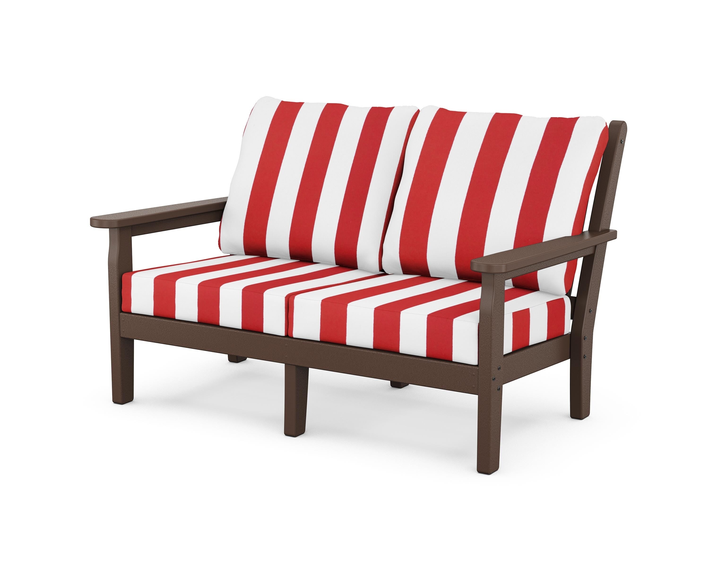 POLYWOOD® Chippendale Deep Seating Loveseat in Mahogany / Cabana Stripe Crimson