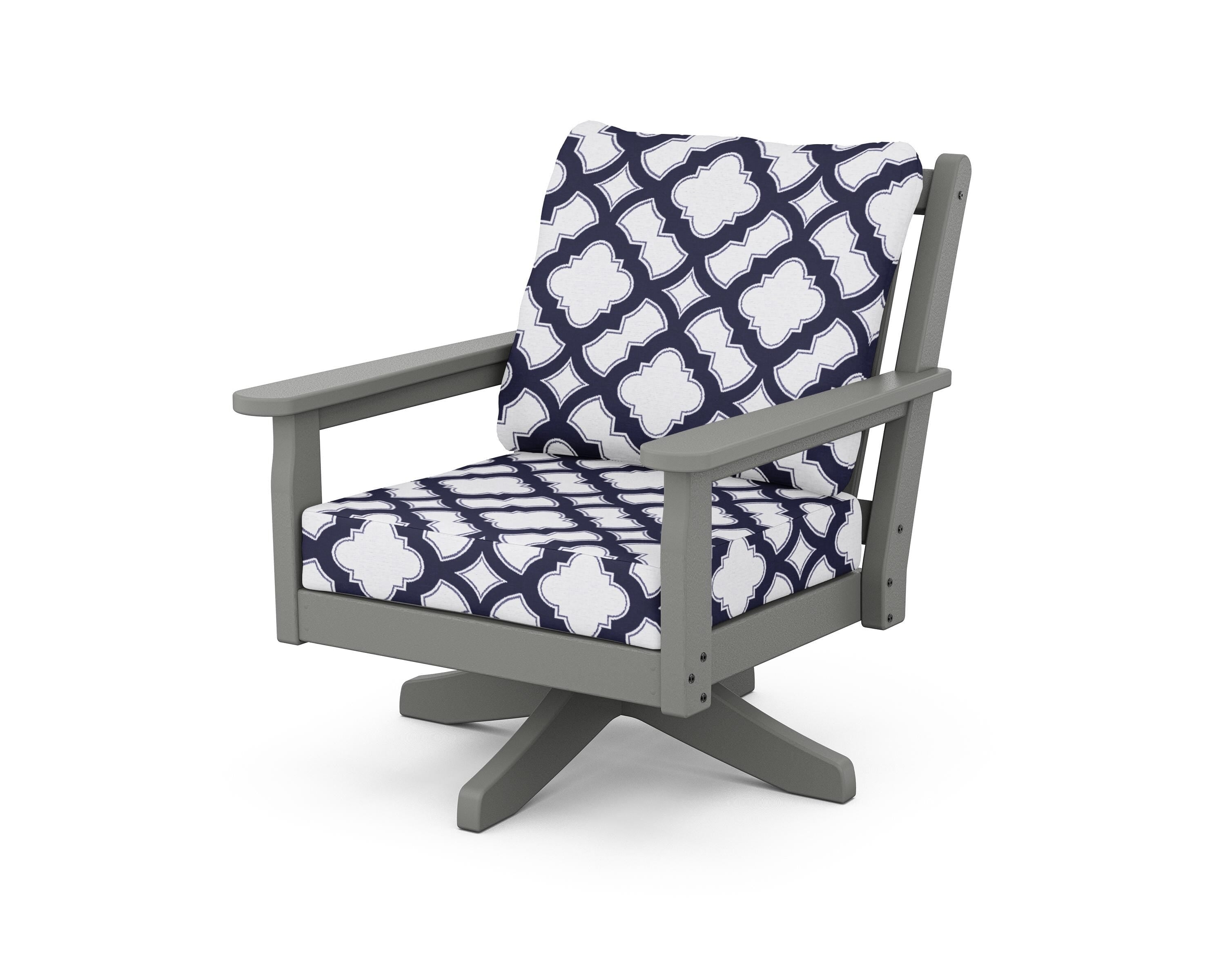 POLYWOOD® Chippendale Deep Seating Swivel Chair in Slate Grey / Trellis Navy