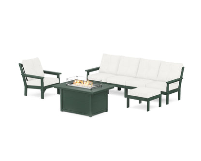 POLYWOOD® Vineyard Sectional Lounge and Fire Pit Set in Green / Natural Linen