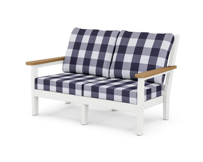 POLYWOOD® Chippendale Deep Seating Loveseat in White / Natural / Buffalo Plaid Navy