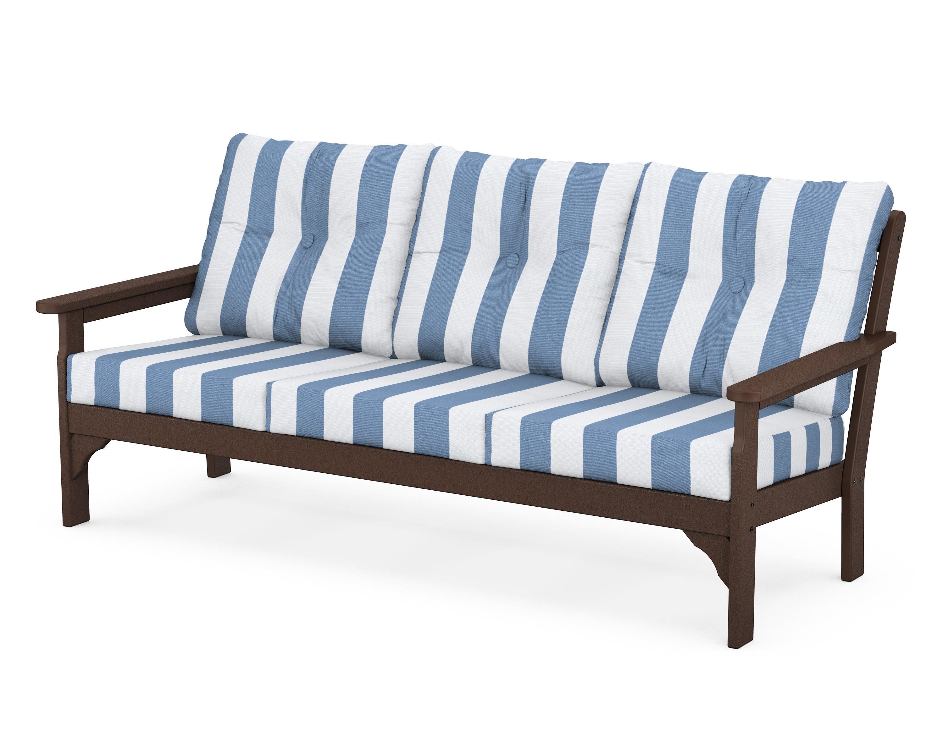 POLYWOOD® Vineyard Deep Seating Sofa in Mahogany / Cabana Stripe Sky Blue