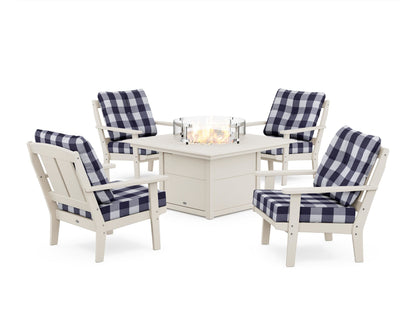 POLYWOOD® Mission 5-Piece Deep Seating Set with Fire Pit Table in Sand / Buffalo Plaid Navy