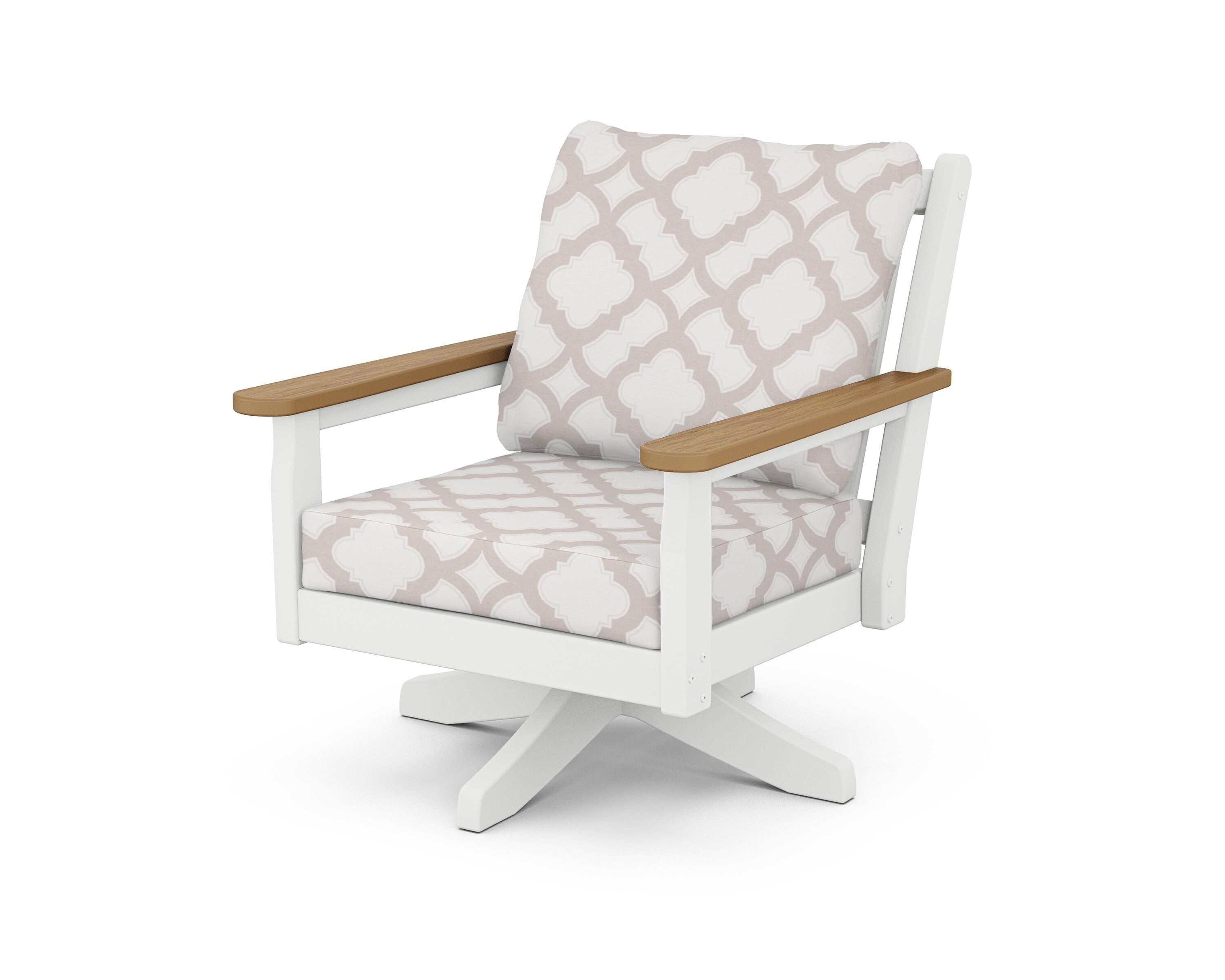 POLYWOOD® Chippendale Deep Seating Swivel Chair in White / Natural / Trellis Dune Burlap