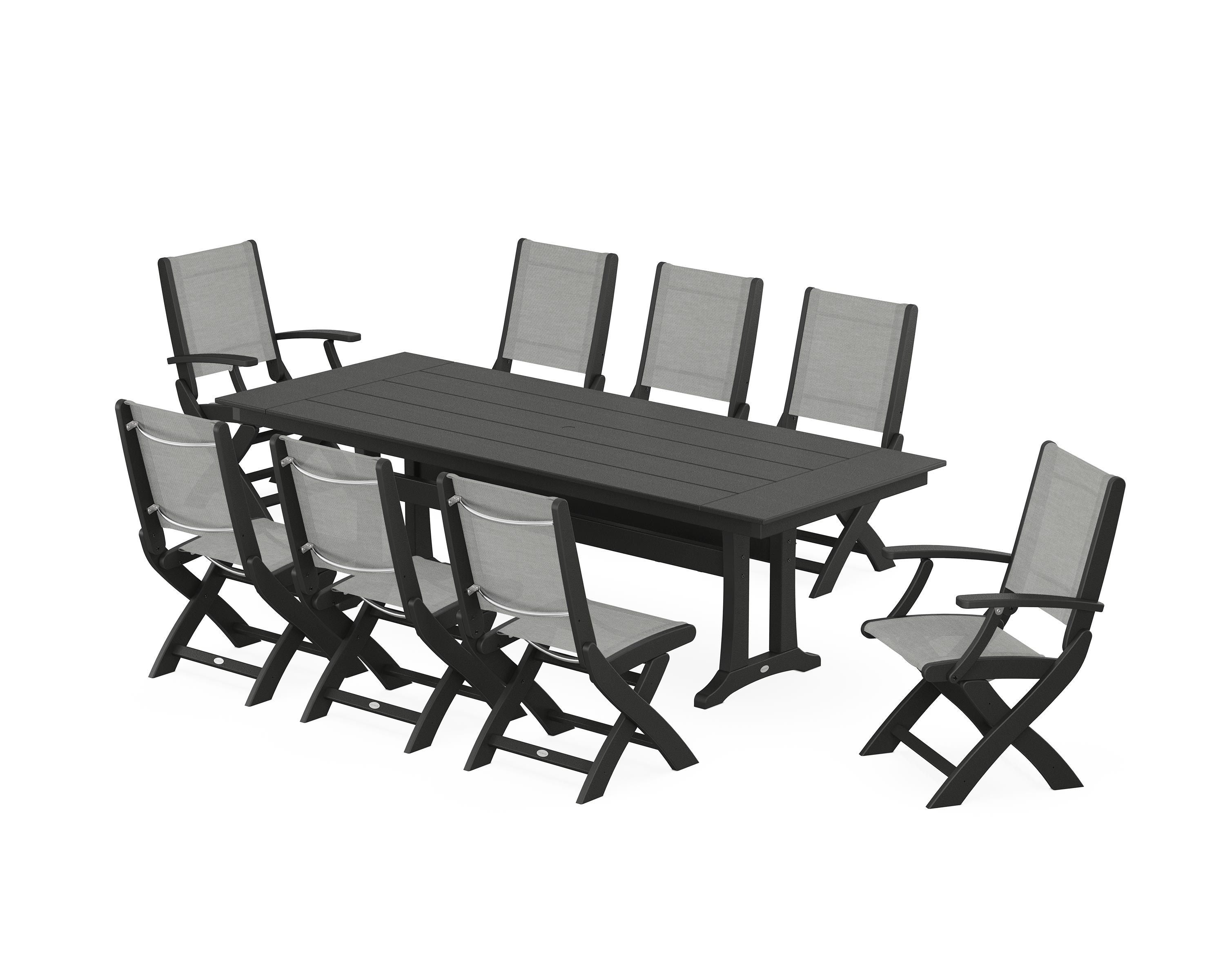 POLYWOOD® Coastal 9-Piece Folding Dining Chair Farmhouse Dining Set with Trestle Legs in Black / Metallic Sling