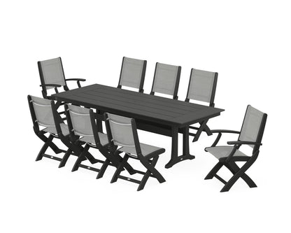 POLYWOOD® Coastal 9-Piece Folding Dining Chair Farmhouse Dining Set with Trestle Legs in Black / Metallic Sling