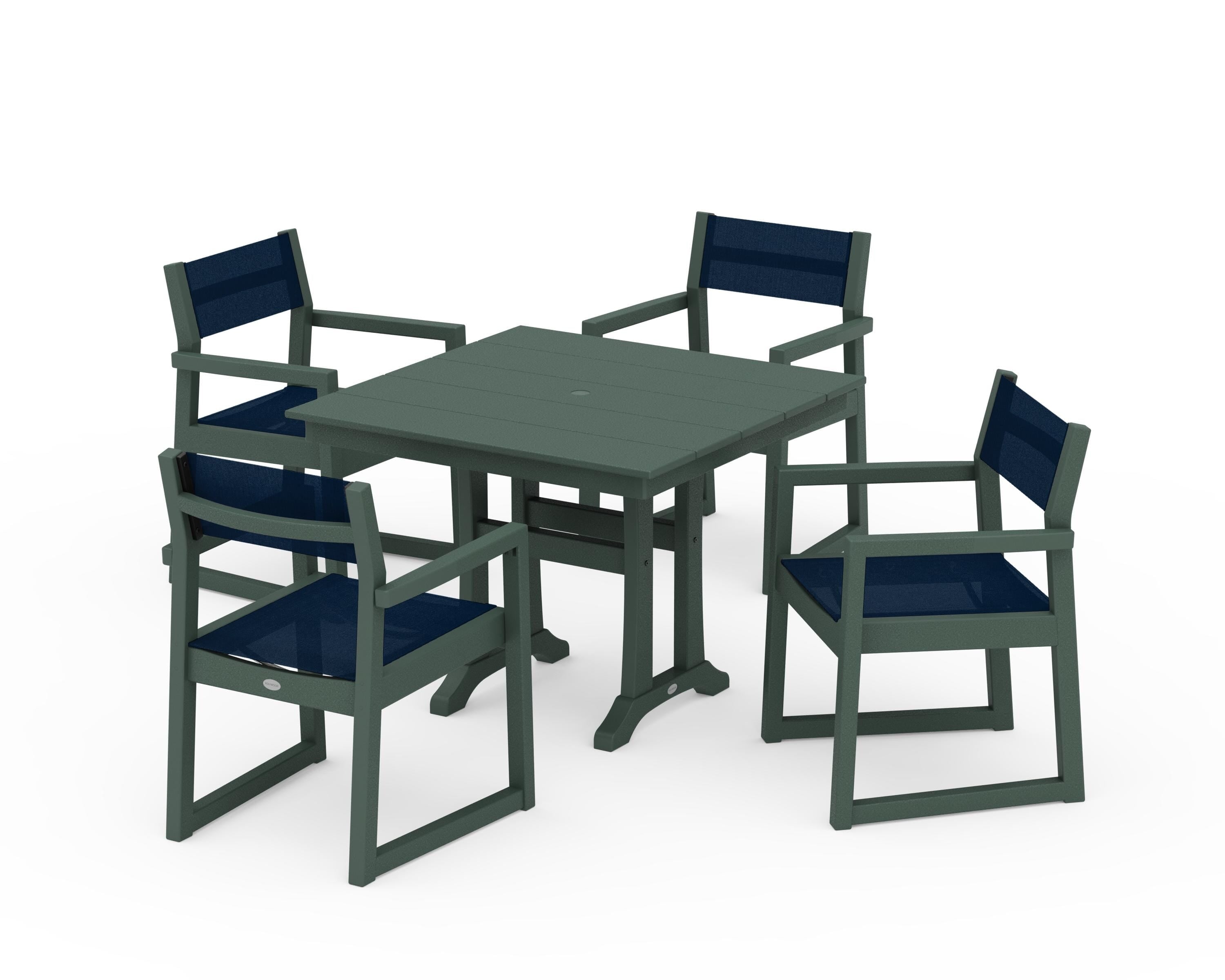 POLYWOOD® EDGE Sling 5-Piece Farmhouse Dining Set with Trestle Legs in Green / Navy Blue Sling
