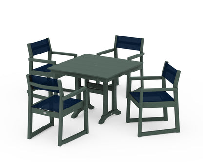 POLYWOOD® EDGE Sling 5-Piece Farmhouse Dining Set with Trestle Legs in Green / Navy Blue Sling