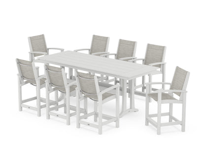 POLYWOOD® Coastal 9-Piece Farmhouse Counter Set with Trestle Legs in White / Birch Sling