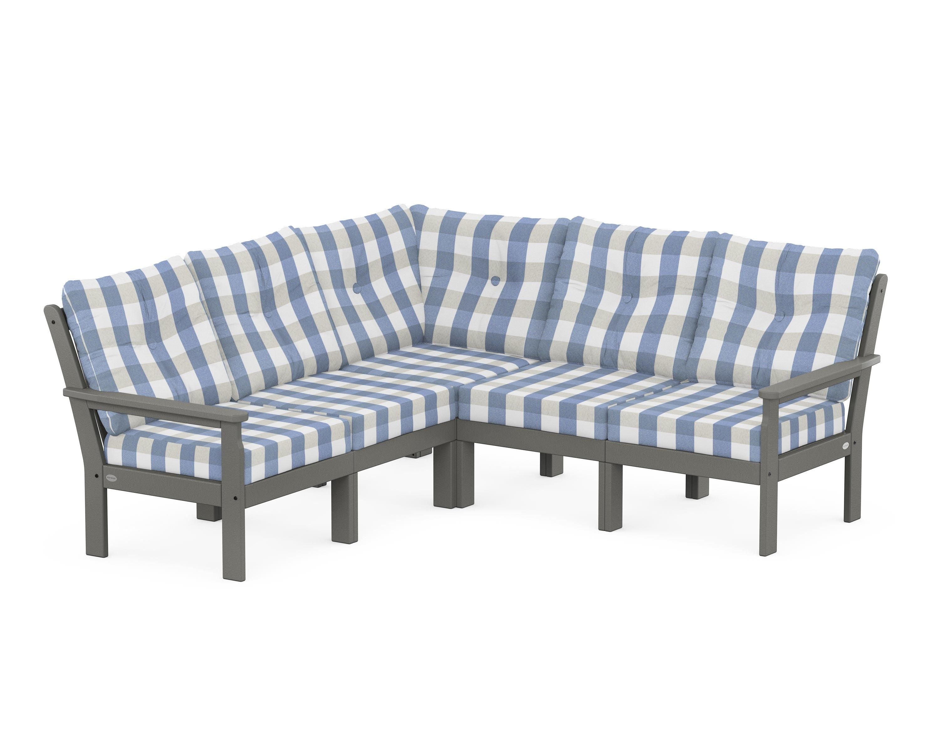 POLYWOOD® Vineyard 5-Piece Sectional in Slate Grey / Buffalo Plaid Sky Blue