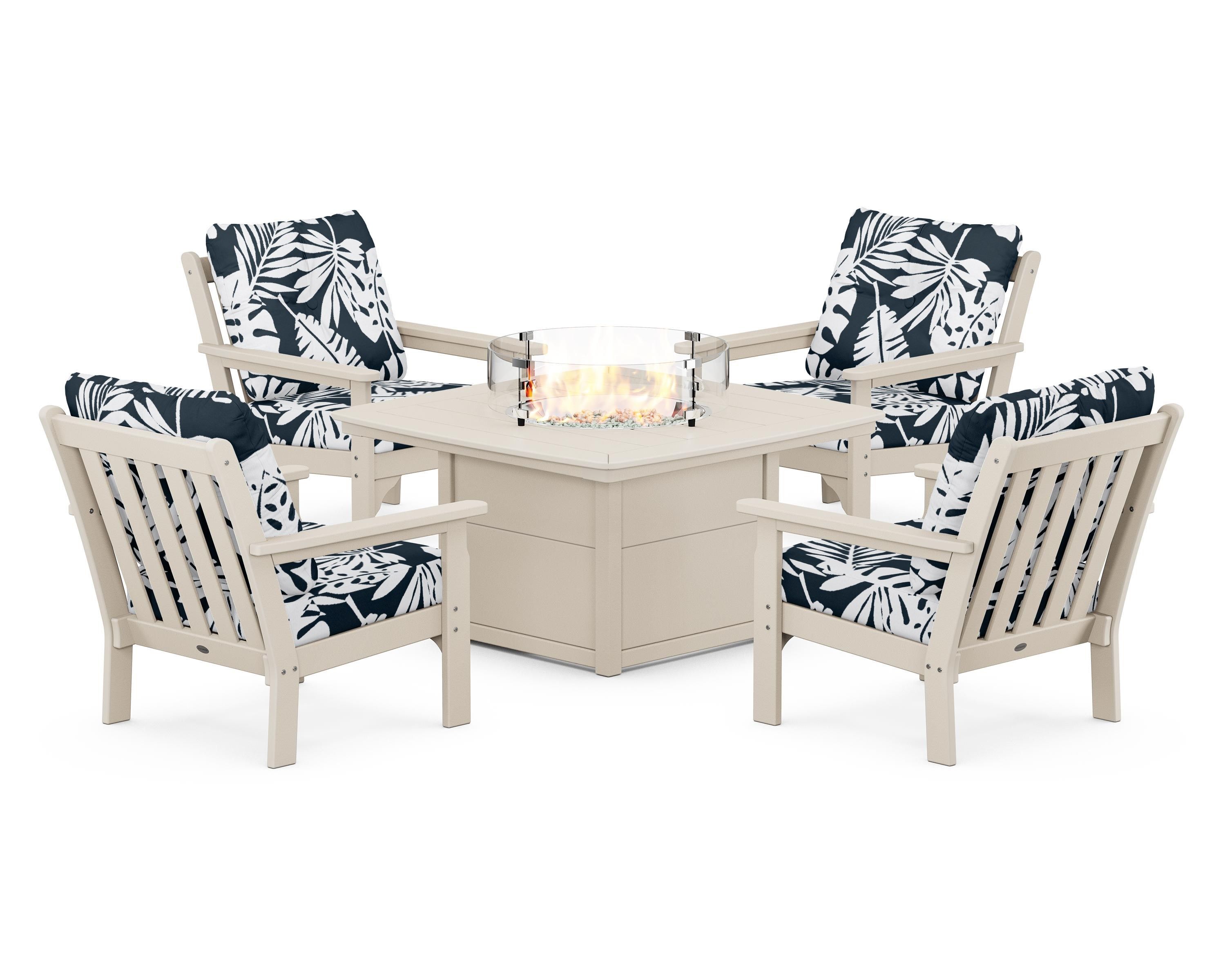 POLYWOOD® Vineyard 5-Piece Conversation Set with Fire Pit Table in Sand / Leaf Marine Indigo