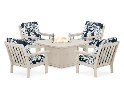 POLYWOOD® Vineyard 5-Piece Conversation Set with Fire Pit Table in Sand / Leaf Marine Indigo