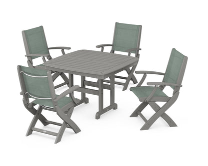 POLYWOOD® Coastal Folding Chair 5-Piece Dining Set in Slate Grey / Dupioni Sea Mist Sling