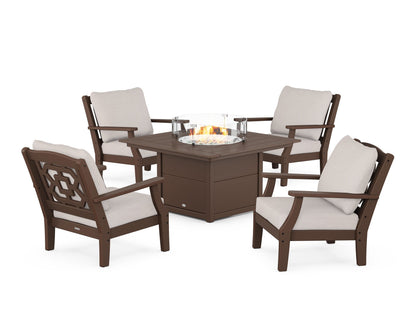 Martha Stewart by POLYWOOD® Chinoiserie 5-Piece Deep Seating Set with Fire Pit Table in Mahogany / Dune Burlap