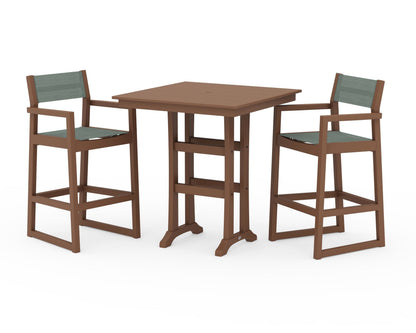 POLYWOOD® EDGE Sling Arm Chair 3-Piece Farmhouse Bar Set with Trestle Legs in Teak / Dupioni Sea Mist Sling