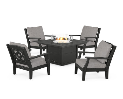 Martha Stewart by POLYWOOD® Chinoiserie 5-Piece Deep Seating Set with Fire Pit Table in Black / Grey Mist