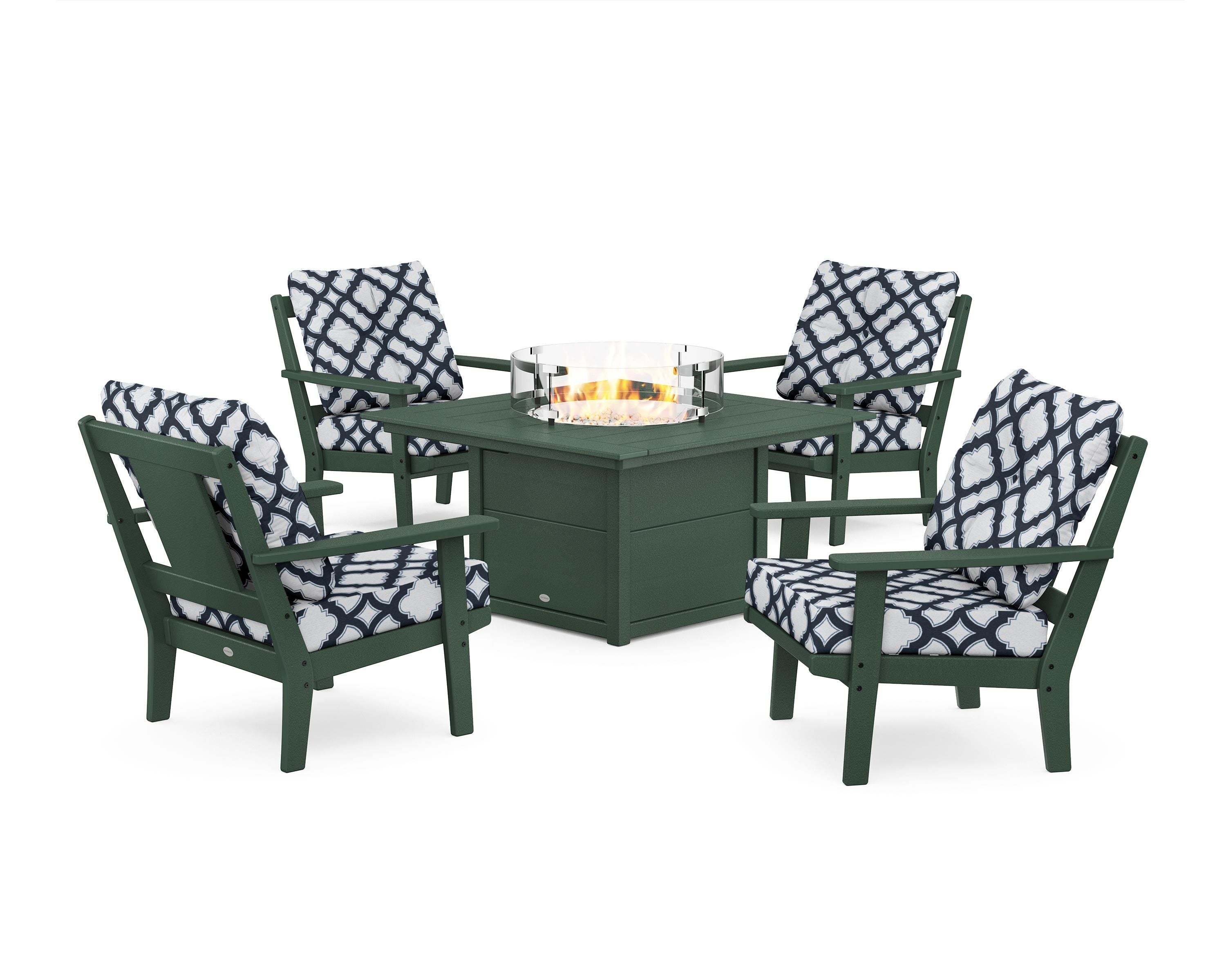 POLYWOOD® Prairie 5-Piece Deep Seating Set with Fire Pit Table in Green / Trellis Marine Indigo