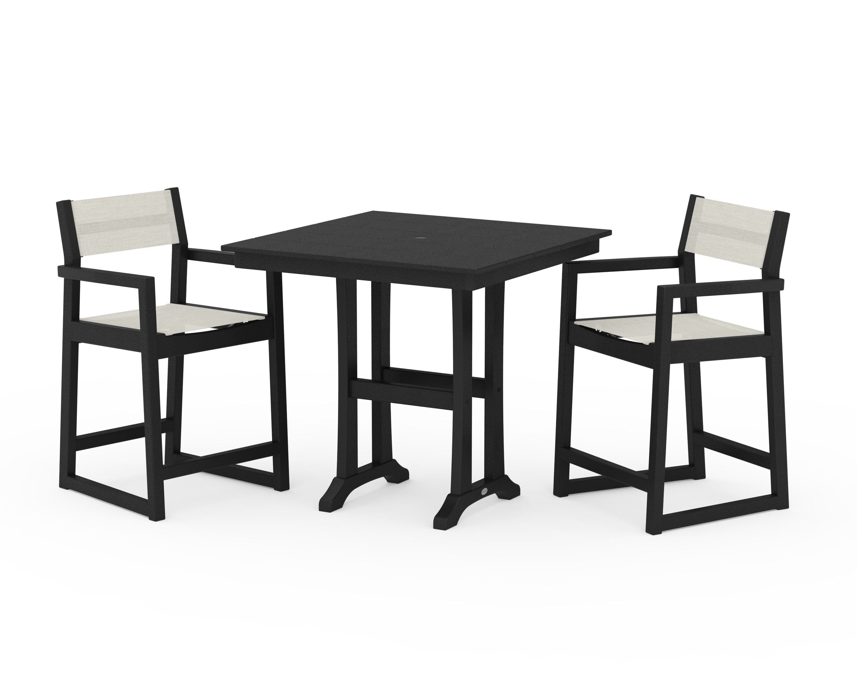 POLYWOOD® EDGE Sling Arm Chair 3-Piece Farmhouse Counter Set with Trestle Legs in Black / Parchment Sling