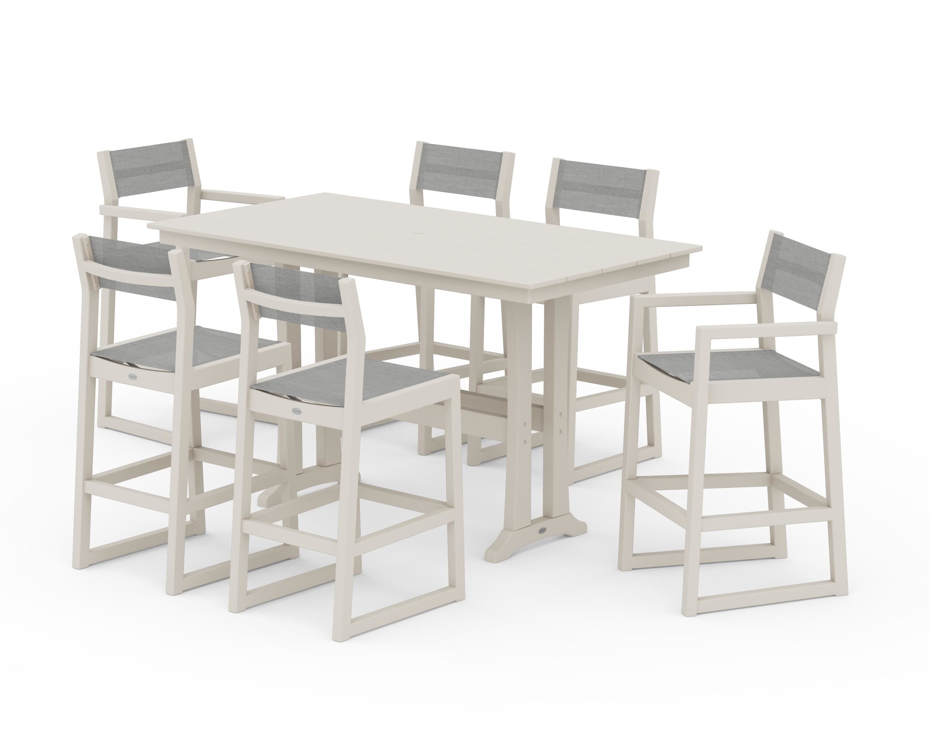POLYWOOD® EDGE Sling 7-Piece Farmhouse Bar Set with Trestle Legs in Sand / Metallic Sling