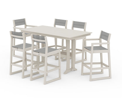 POLYWOOD® EDGE Sling 7-Piece Farmhouse Bar Set with Trestle Legs in Sand / Metallic Sling