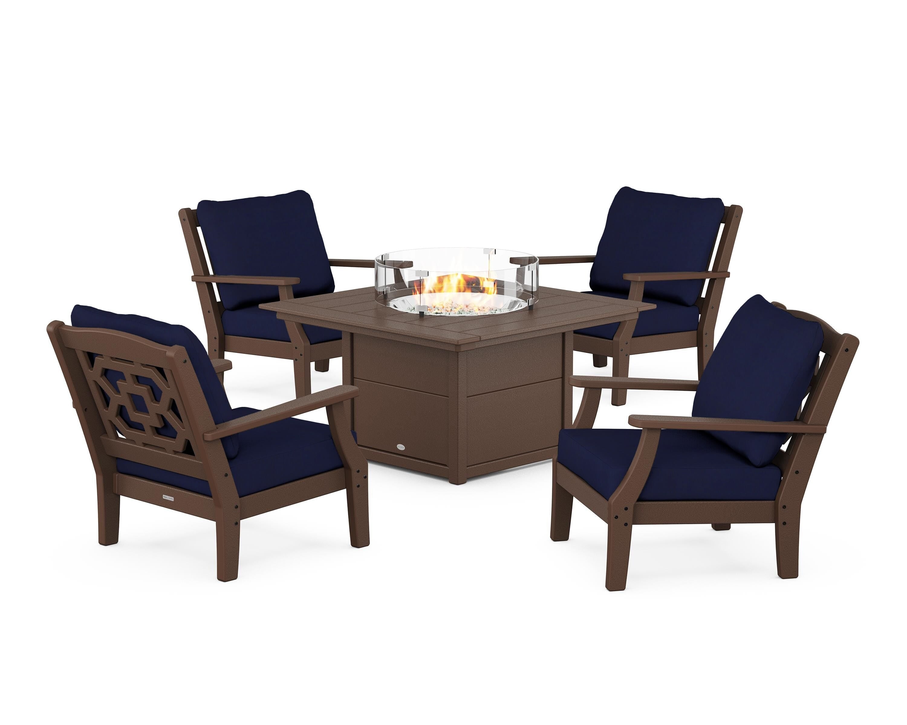 Martha Stewart by POLYWOOD® Chinoiserie 5-Piece Deep Seating Set with Fire Pit Table in Mahogany / Navy