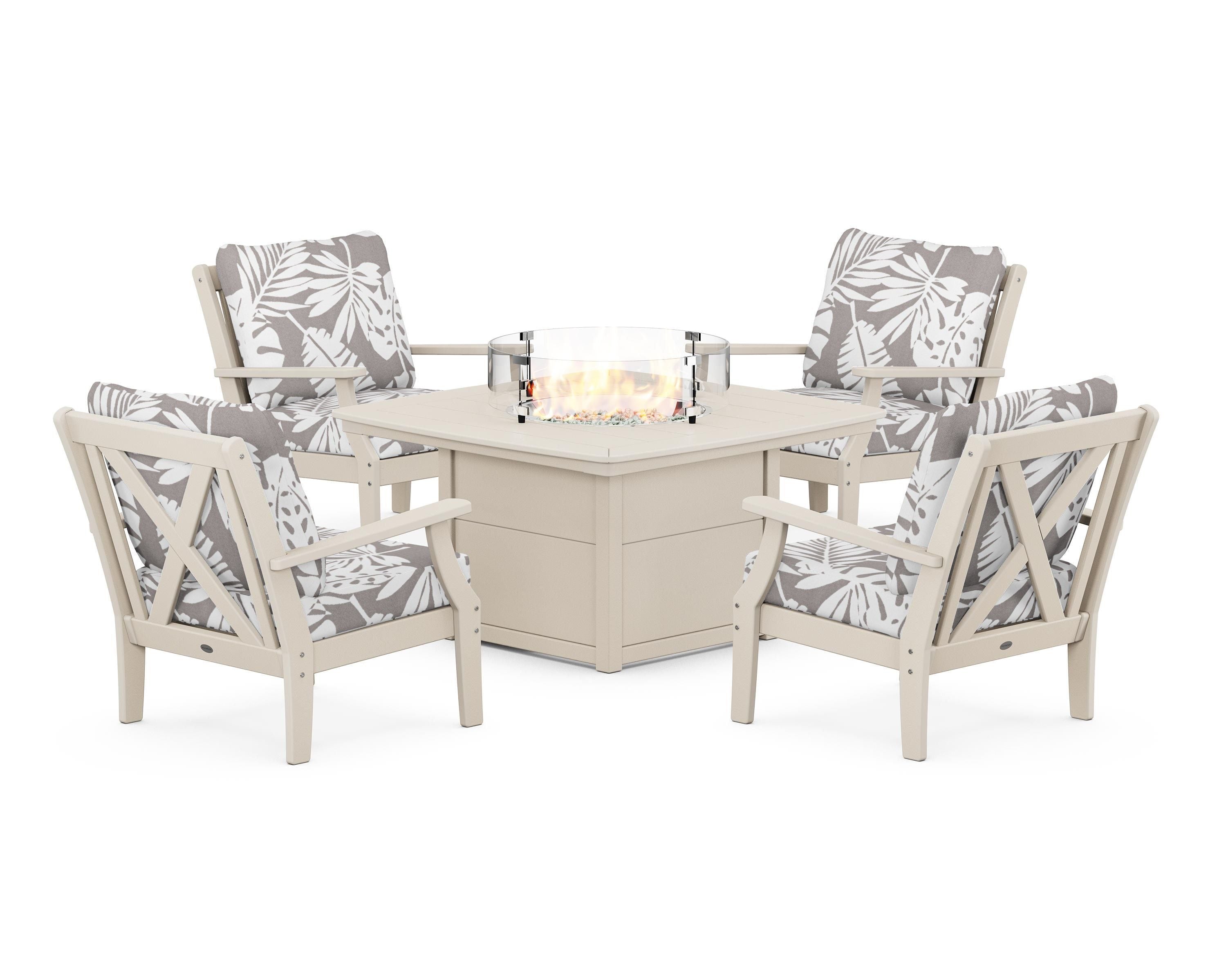 POLYWOOD® Braxton 5-Piece Deep Seating Conversation Set with Fire Pit Table in Sand / Leaf Grey Mist
