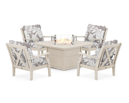 POLYWOOD® Braxton 5-Piece Deep Seating Conversation Set with Fire Pit Table in Sand / Leaf Grey Mist