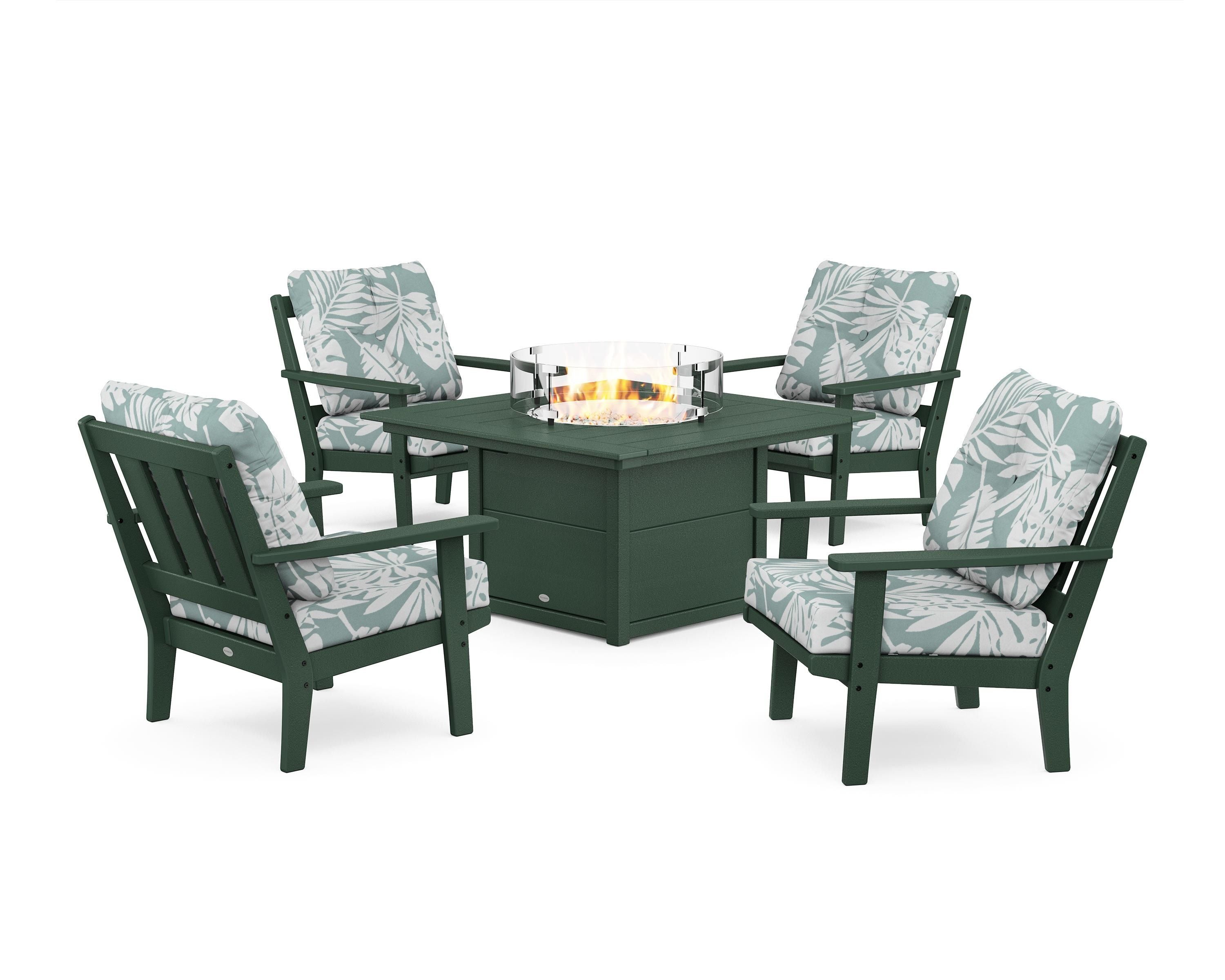 POLYWOOD® Oxford 5-Piece Deep Seating Set with Fire Pit Table in Green / Leaf Glacier Spa