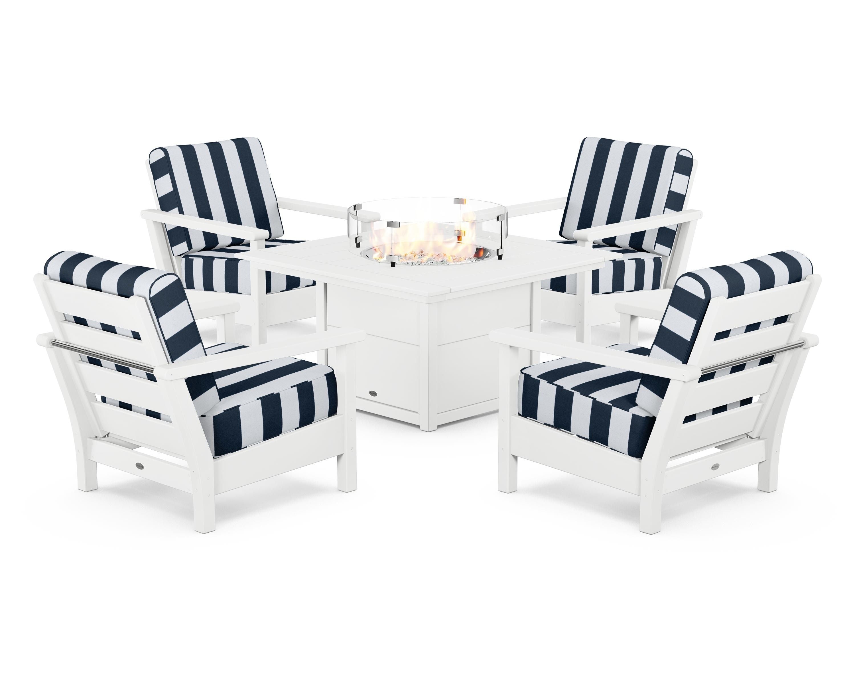POLYWOOD® Harbour 5-Piece Conversation Set with Fire Pit Table in White / Cabana Stripe Marine Indigo