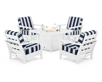 POLYWOOD® Harbour 5-Piece Conversation Set with Fire Pit Table in White / Cabana Stripe Marine Indigo