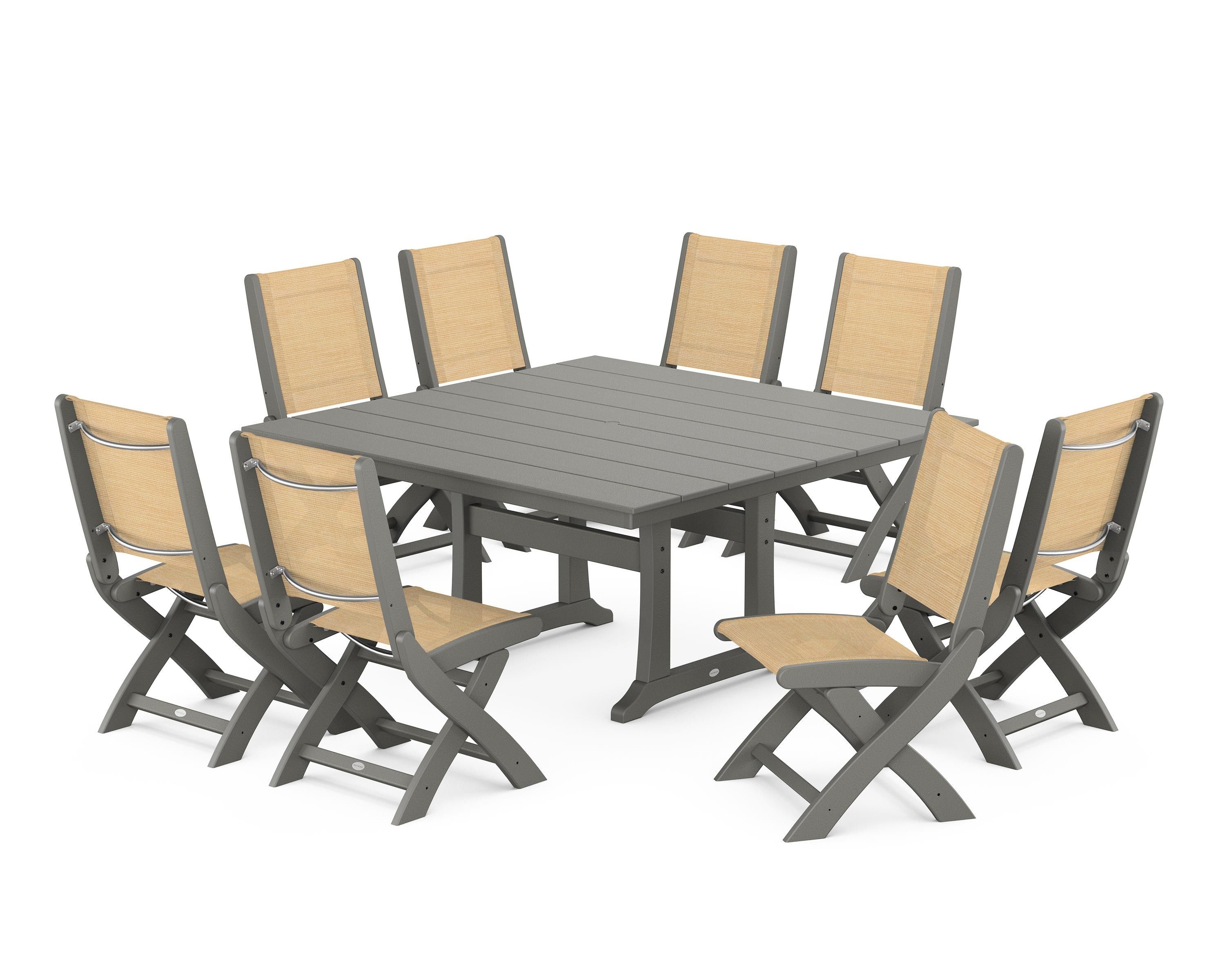 POLYWOOD® Coastal Folding Side Chair 9-Piece Farmhouse Dining Set in Slate Grey / Dupioni Apricot Sling