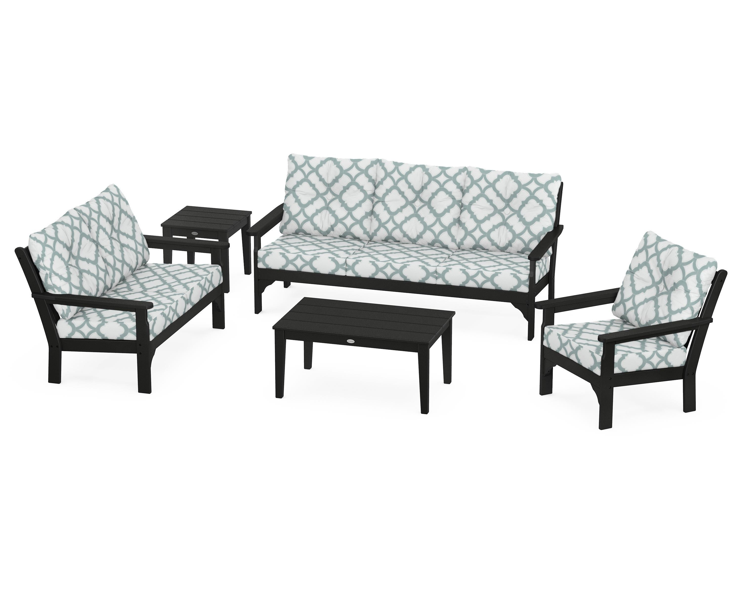 POLYWOOD® Vineyard 5 Piece Deep Seating Set in Black / Trellis Glacier Spa
