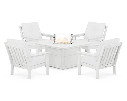 POLYWOOD® Vineyard 5-Piece Conversation Set with Fire Pit Table in White / Natural