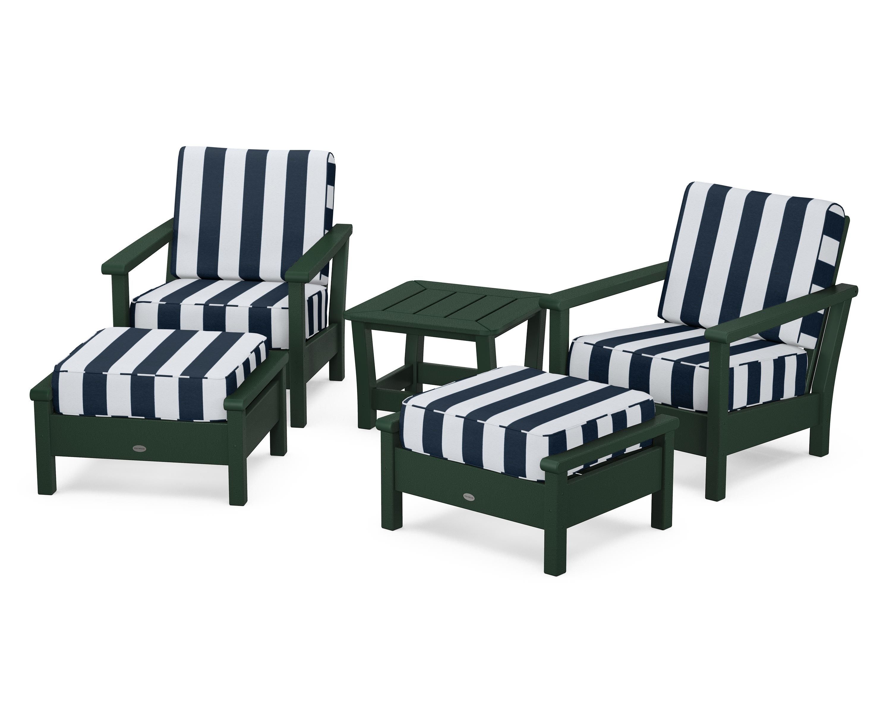 POLYWOOD® Harbour 5-Piece Deep Seating Chair Set in Green / Cabana Stripe Marine Indigo