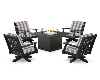 Country Living Wovendale 5-Piece Deep Seating Swivel Conversation Set with Fire Pit Table in Black / Cabana Stripe Grey Mist