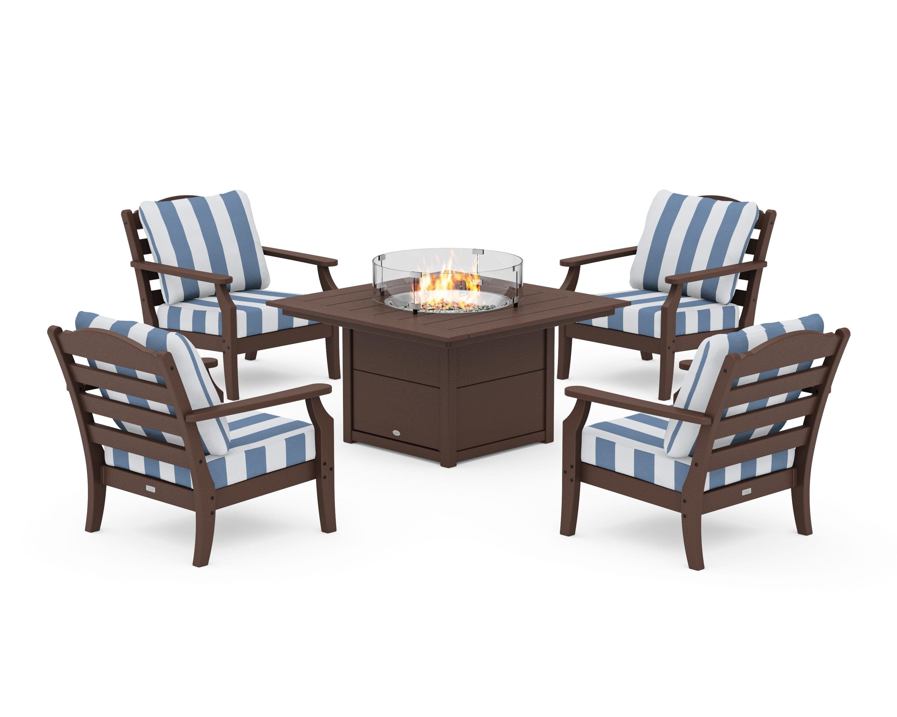 Draper James™ by  POLYWOOD® Savannah 5-Piece Deep Seating Set with Fire Pit Table in Mahogany / Cabana Stripe Sky Blue