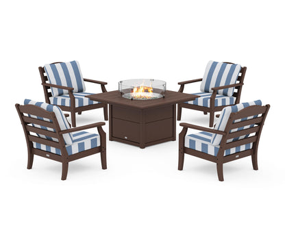 Draper James™ by  POLYWOOD® Savannah 5-Piece Deep Seating Set with Fire Pit Table in Mahogany / Cabana Stripe Sky Blue