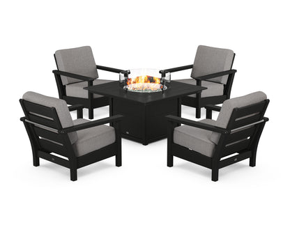 POLYWOOD® Harbour 5-Piece Conversation Set with Fire Pit Table in Black / Grey Mist