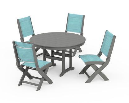 POLYWOOD® Coastal Folding Side Chair 5-Piece Round Dining Set in Slate Grey / Dupioni Aquamarine Sling