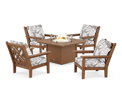 POLYWOOD® Chippendale 5-Piece Deep Seating Set with Fire Pit Table in Teak / Leaf Grey Mist