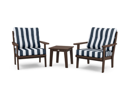 POLYWOOD® Lakeside 3-Piece Deep Seating Chair Set in Mahogany / Cabana Stripe Marine Indigo