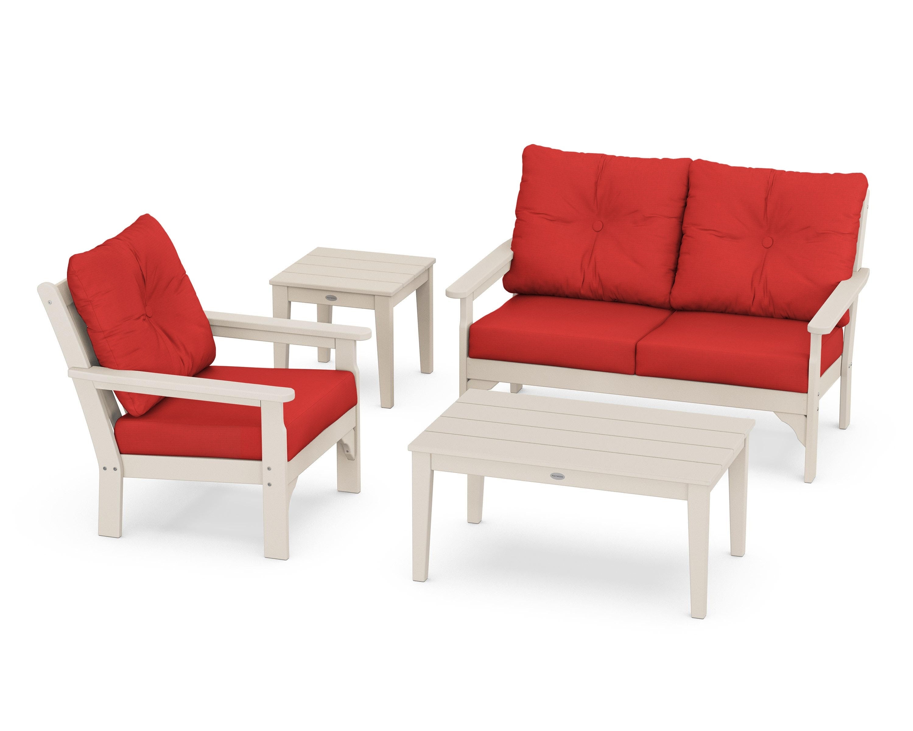 POLYWOOD® Vineyard 4-Piece Deep Seating Set in Sand / Crimson Linen
