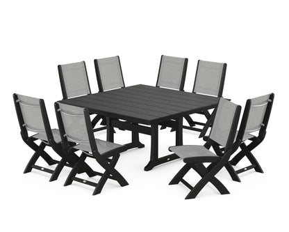 POLYWOOD® Coastal Folding Side Chair 9-Piece Farmhouse Dining Set in Black / Metallic Sling