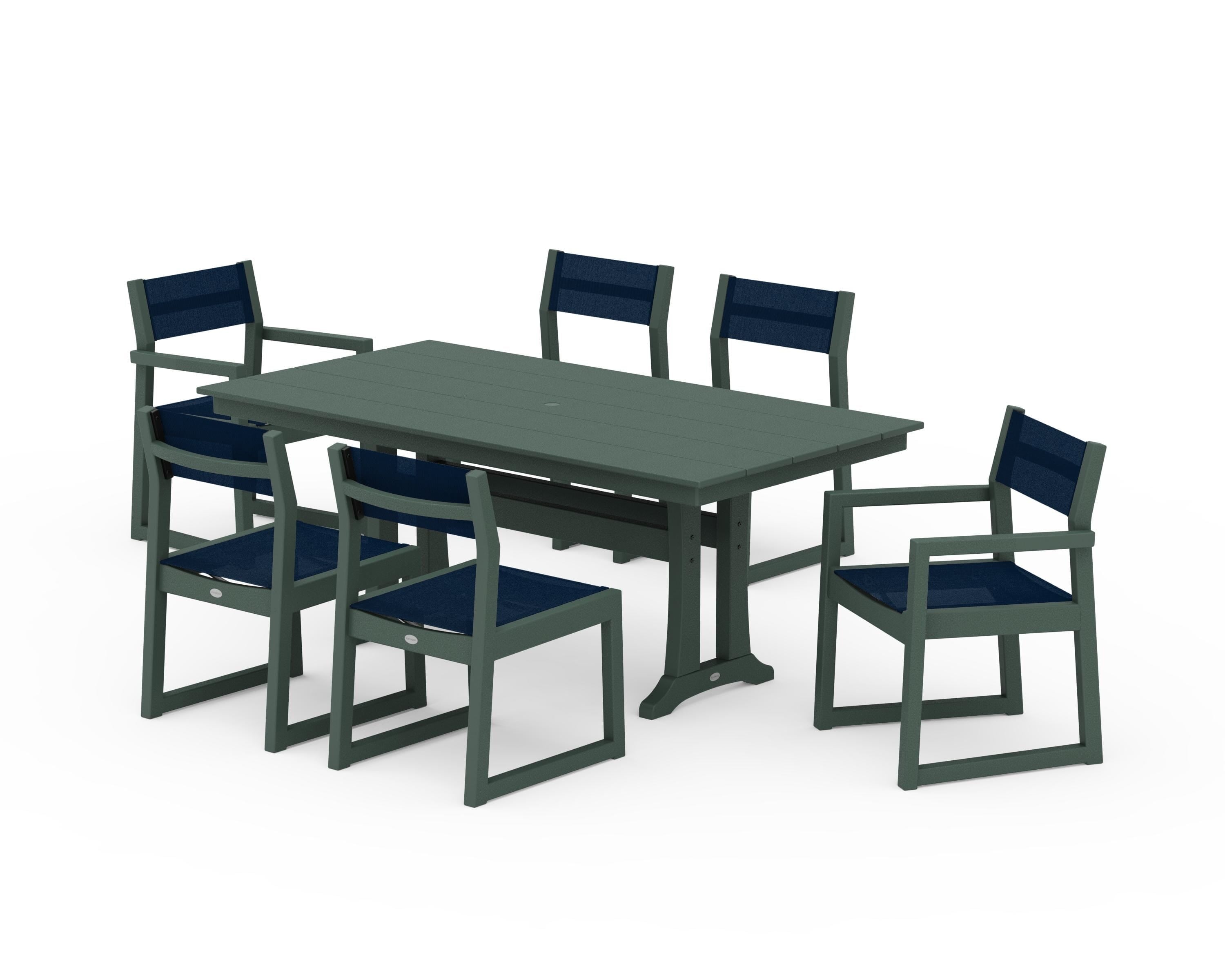 POLYWOOD® EDGE Sling 7-Piece Farmhouse Trestle Dining Set in Green / Navy Blue Sling