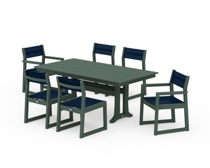 POLYWOOD® EDGE Sling 7-Piece Farmhouse Trestle Dining Set in Green / Navy Blue Sling