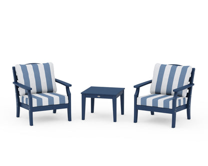 Draper James™ by  POLYWOOD® Savannah 3-Piece Deep Seating Set in Navy / Cabana Stripe Sky Blue