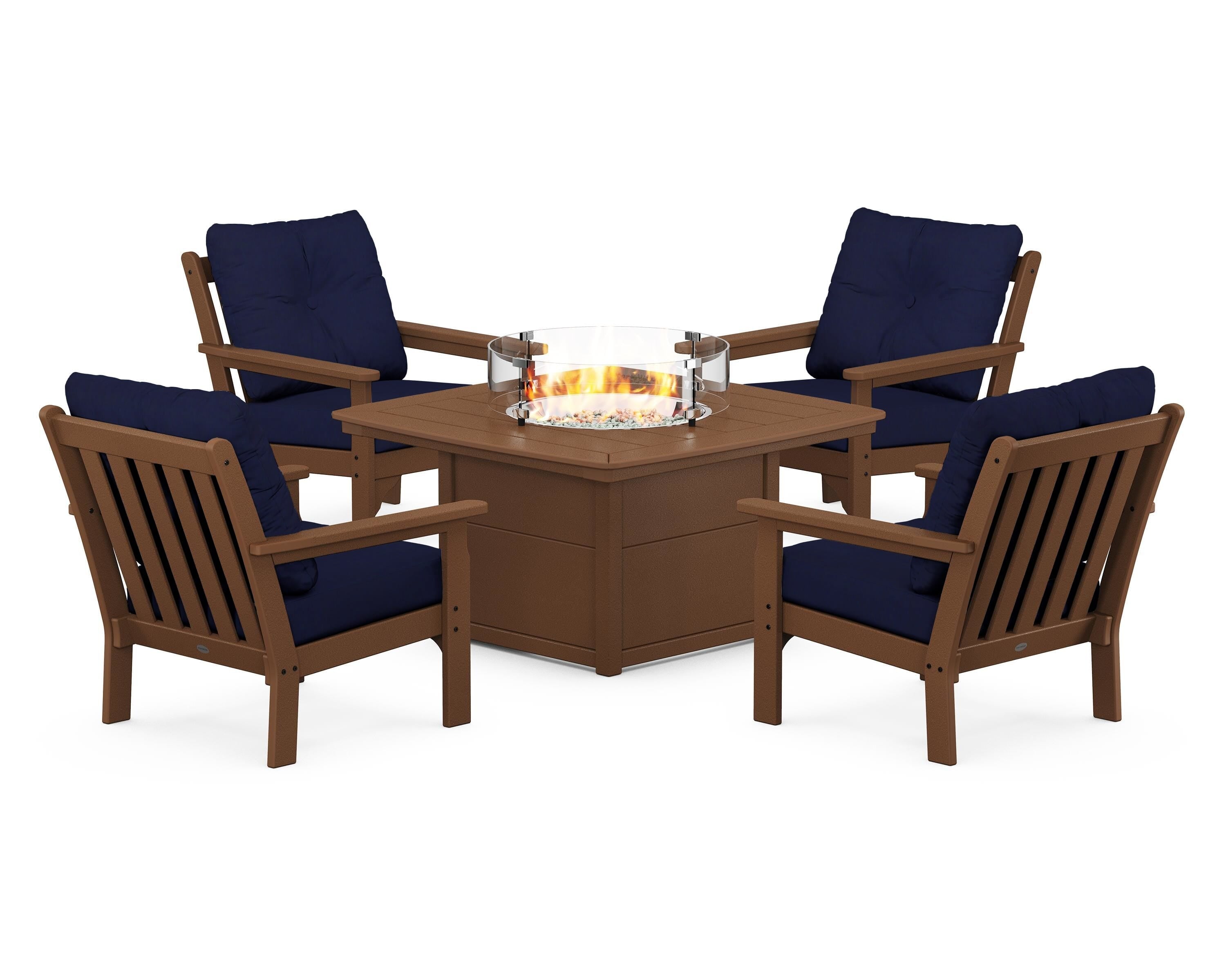 POLYWOOD® Vineyard 5-Piece Conversation Set with Fire Pit Table in Teak / Navy