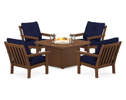 POLYWOOD® Vineyard 5-Piece Conversation Set with Fire Pit Table in Teak / Navy